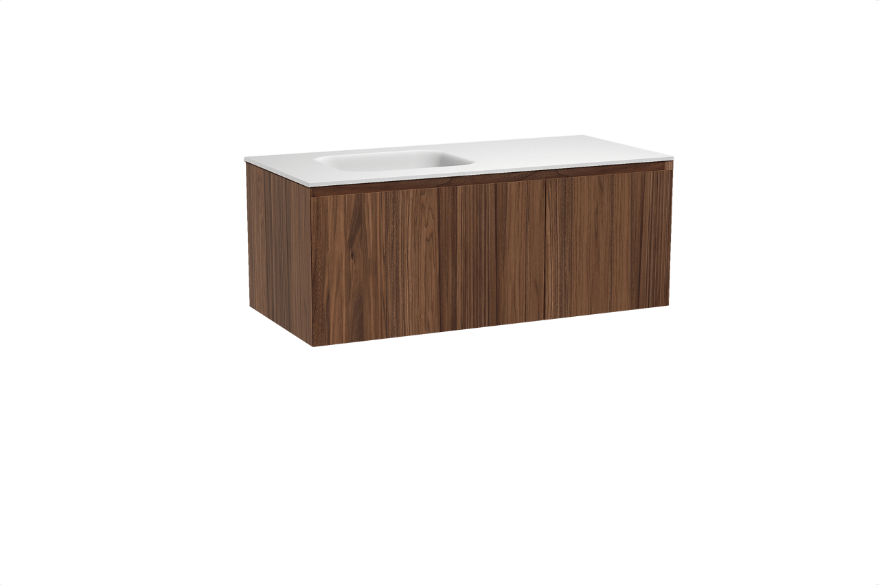 Balmani Idra hängendes Möbelstück Set: 120 x 55 cm, Nussbaum, mit Tablo Arcato Waschtisch links, Solid Surface Weiß matt