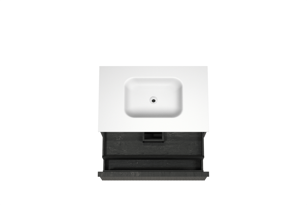 Balmani Forma zwevend badkamermeubel 90 x 55 cm zwarte eik met Tablo Arcato enkele wastafel in solid surface mat wit, Verticale symmetrische rechte ribbel