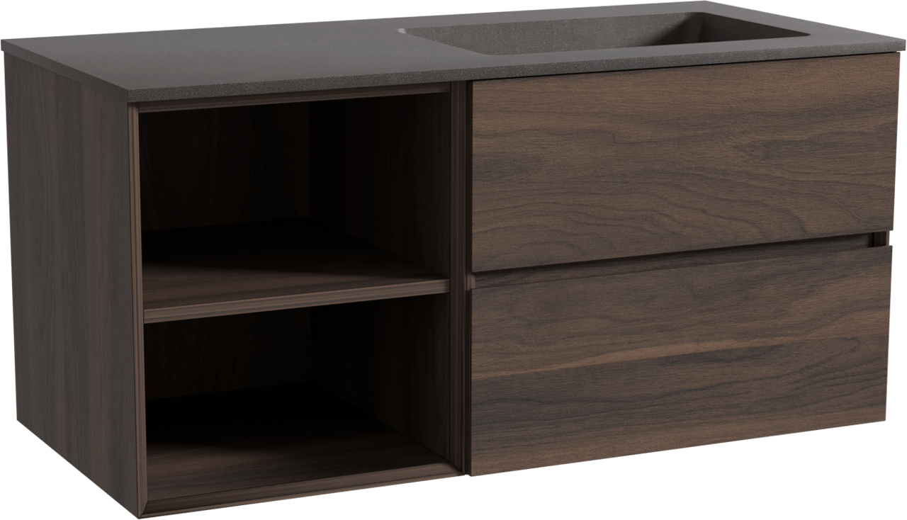 Storke Edge zwevend badkamermeubel 110 x 52 cm notelaar met Scuro asymmetrisch rechtse wastafel in kwarts mat zwart