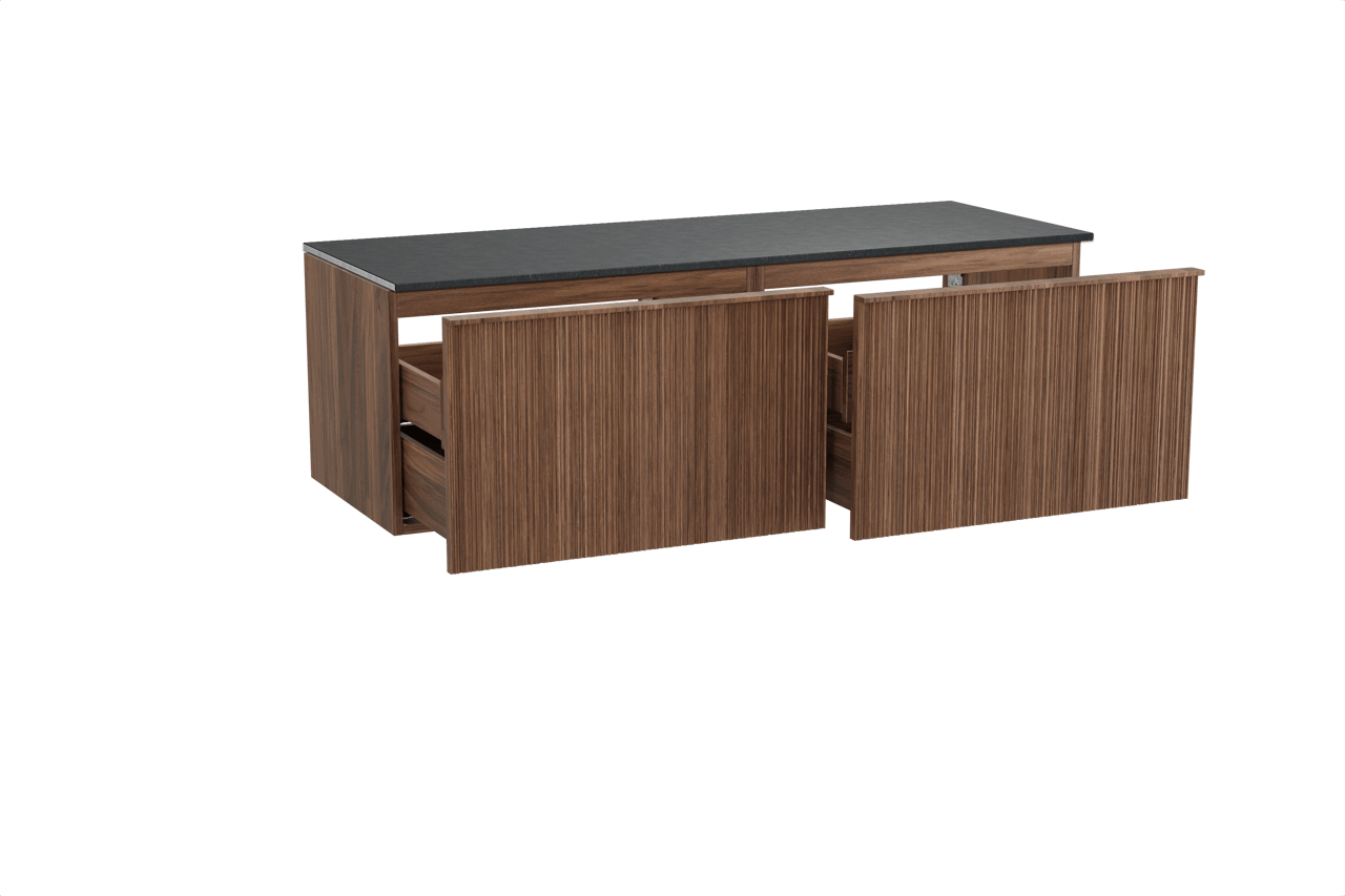 Balmani Forma zwevend badkamermeubel 150 x 55 cm amerikaanse notelaar met Stretto enkel of dubbel tablet in graniet zwart, Verticale asymmetrische ronde ribbel