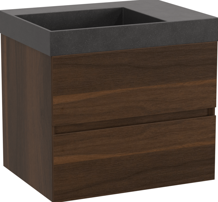 Storke Edge meuble salle de bains suspendu 60 x 46 cm noyer avec Jura vasque asymétrique gauche en quartz noir mat