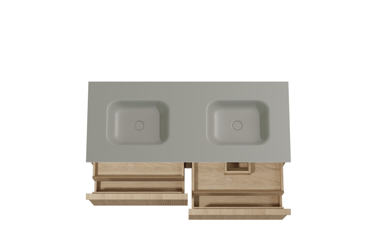 Balmani Forma zwevend badkamermeubel 135 x 55 cm natuur eik met Tablo Arcato dubbele wastafel in solid surface steengrijs, Verticale symmetrische rechte ribbel