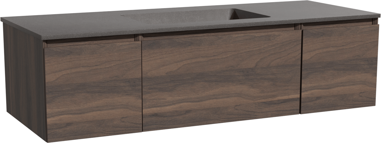 Storke Edge zwevend badmeubel 135 x 52 cm notenhout met Scuro enkele wastafel in kwarts mat zwart