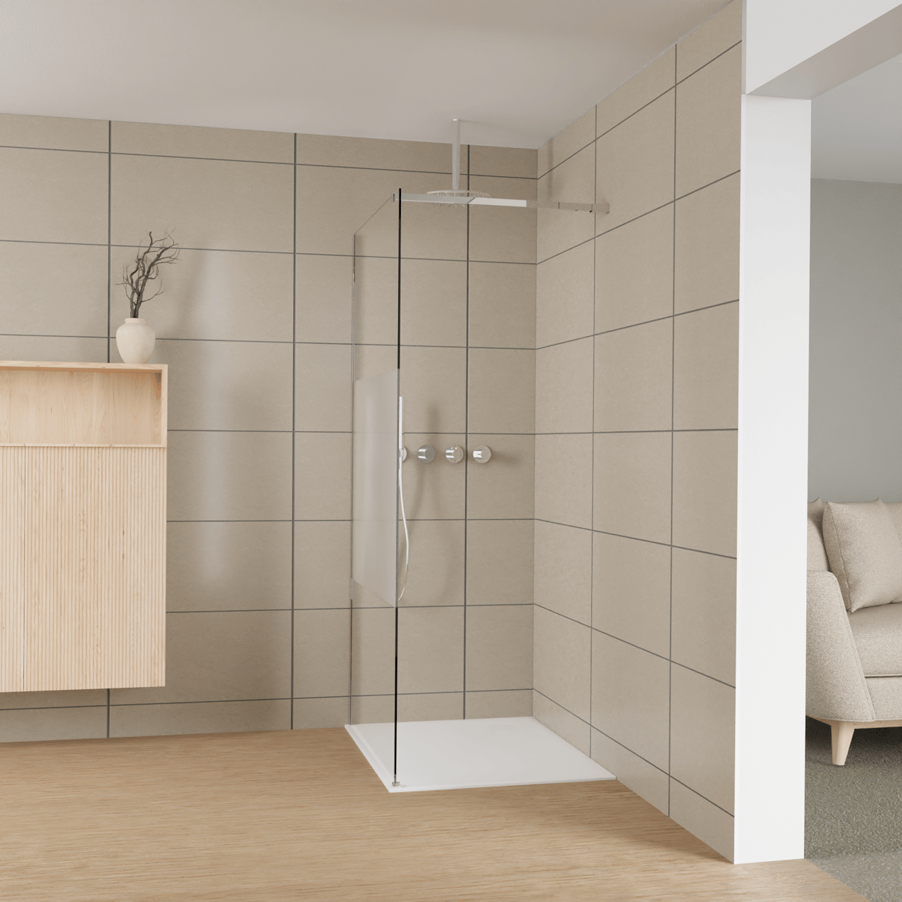 Balmani Modular douche à l'italienne: 100 x 200 cm, Verre transparent avec bande matte, avec coating, Profil Chrome brillant