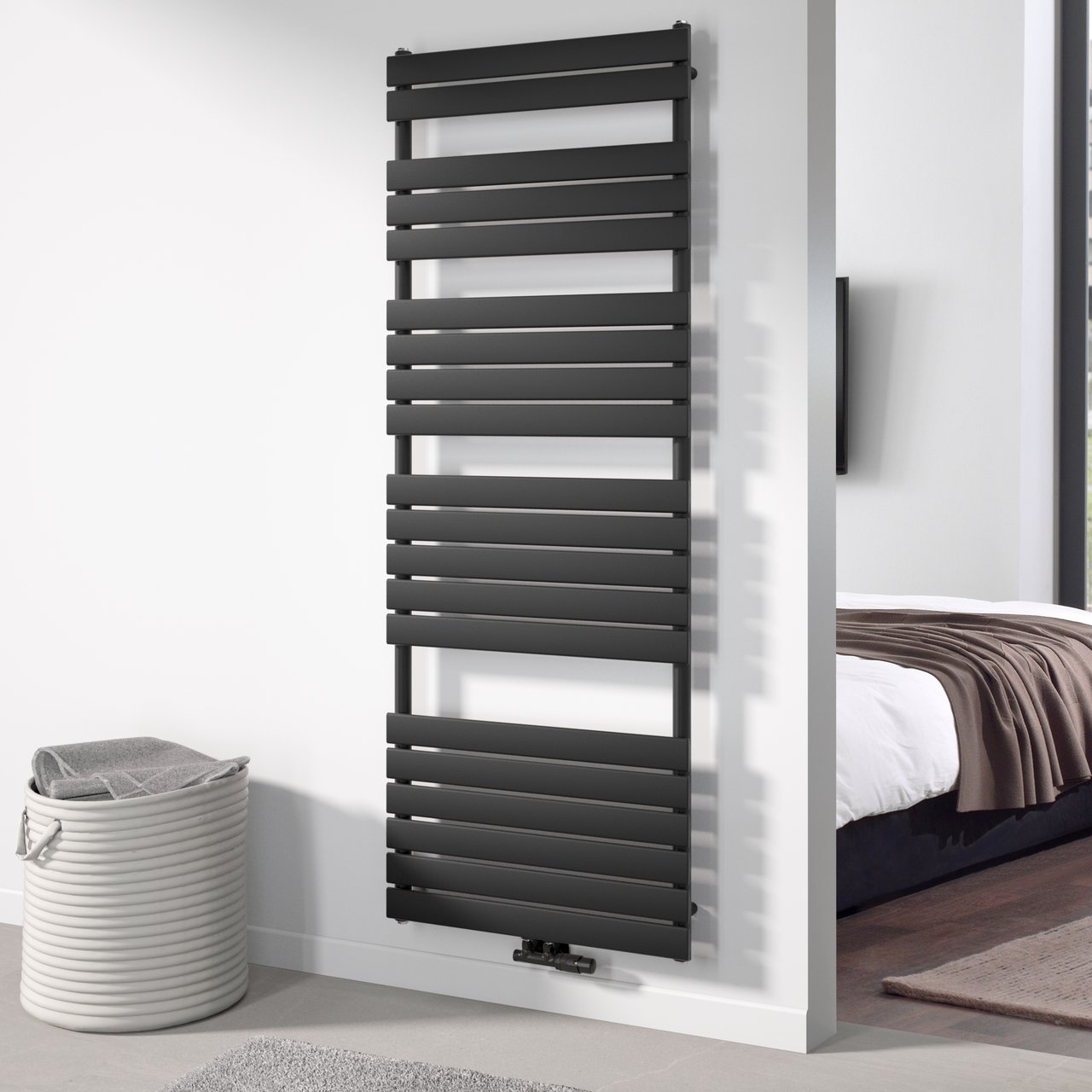 Vipera Vulcan enkele handdoekradiator 70 x 190 cm centrale verwarming mat zwart zij- en middenaansluiting 1.507W