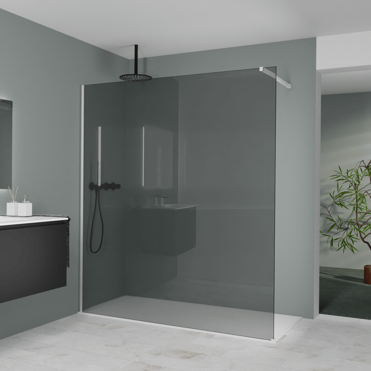 Balmani Modular inloopdouche: 180 x 200 cm, Rookglas, Mat witte profielen