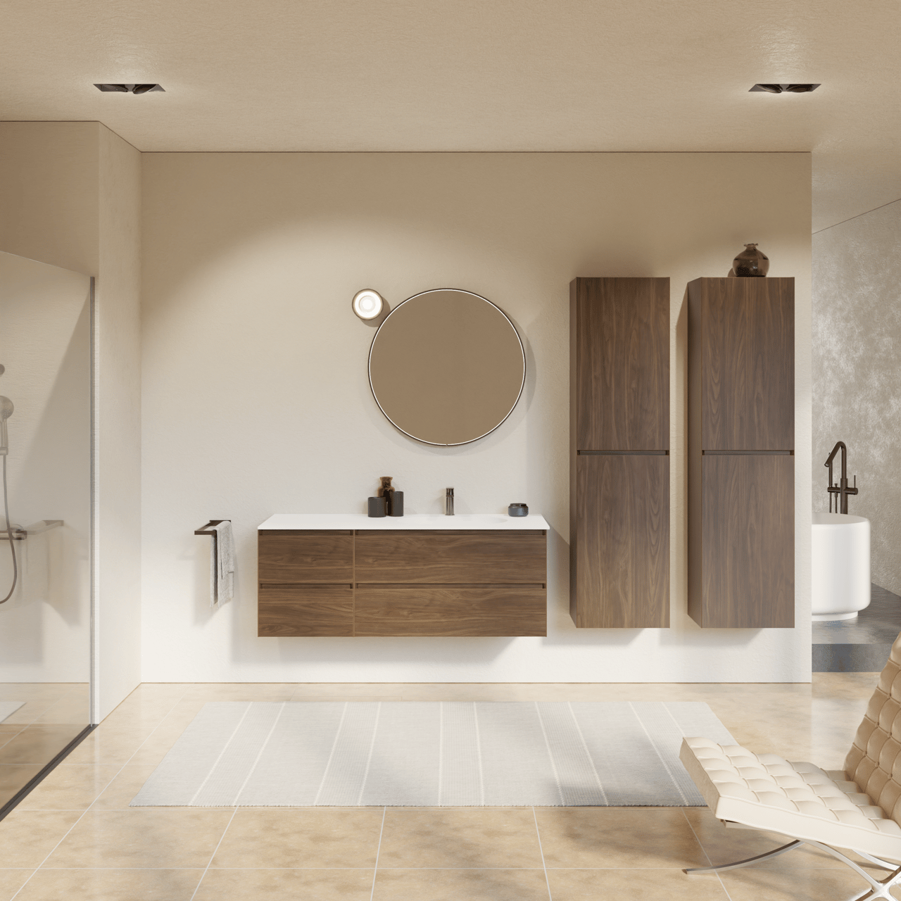 Balmani Mitra meuble salle de bains suspendu 135 x 55 cm noyer américain avec Tablo Oval plan vasque asymétrique à droite en solid surface blanc mat