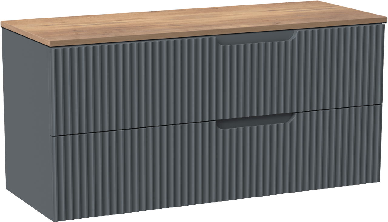 Linie Ribbo zwevend badmeubel 120 x 46 cm blauw antraciet met Lado enkel of dubbel wastafelblad in melamine naturel eiken, Verticale symmetrische ronde ribbel