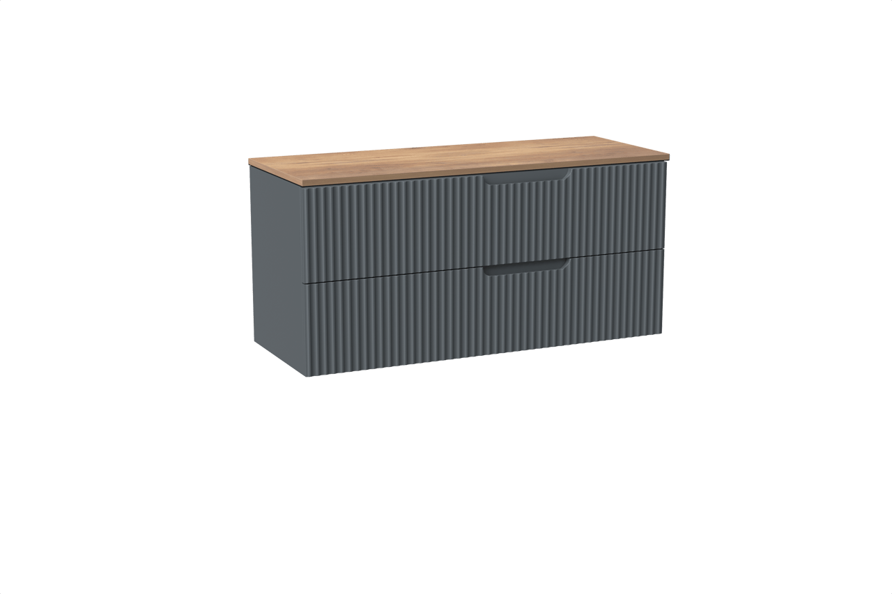 Linie Ribbo meuble salle de bains suspendu 120 x 46 cm bleu anthracite avec Lado tablette simple ou double en mélaminé chêne naturel, Nervure circulaire symétrique verticale