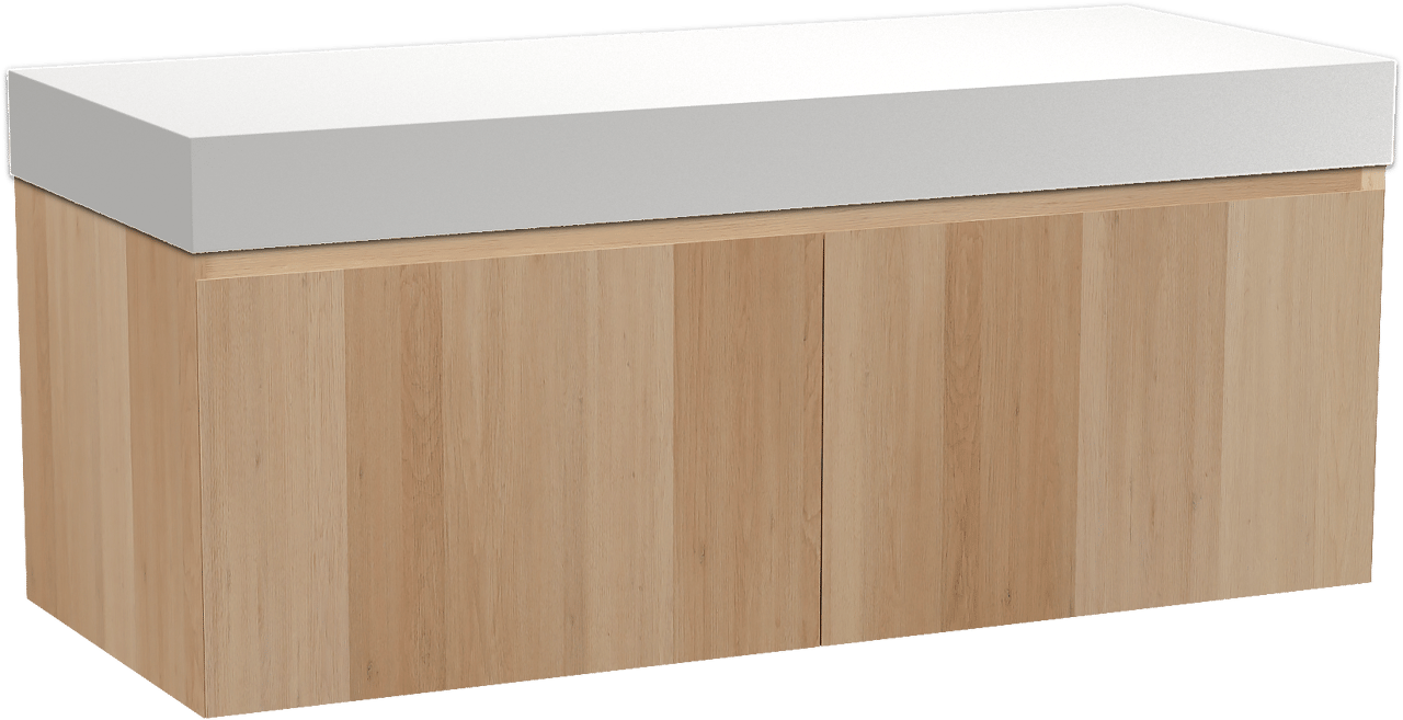 Balmani Idra by Mitra meuble salle de bains suspendu 135 x 55 cm chêne naturel avec Dominus tablette simple ou double en solid surface blanc mat