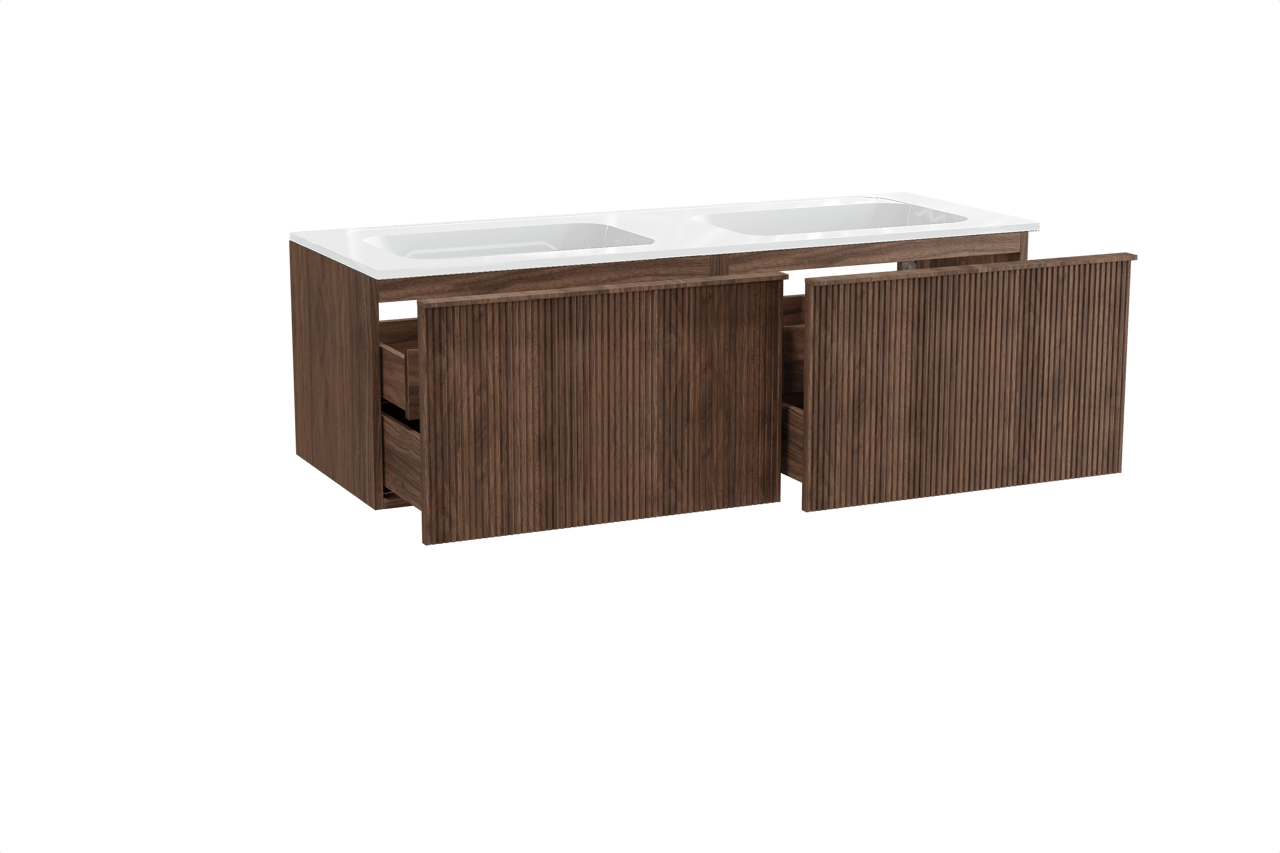 Balmani Forma zwevend badkamermeubel 150 x 55 cm amerikaanse notelaar met Tablo Strada dubbele wastafel in composietmarmer glanzend wit, Verticale symmetrische rechte ribbel