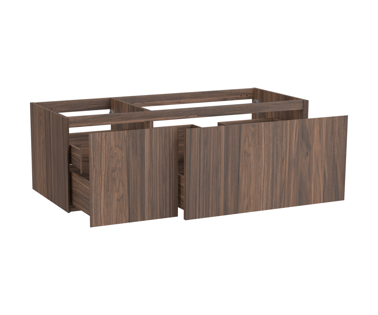 Balmani Idra hängender Waschbeckenunterschrank: 135 x 55 cm, asymmetrisch rechts, Nussbaum, Furnierholz, 4 Schubladen