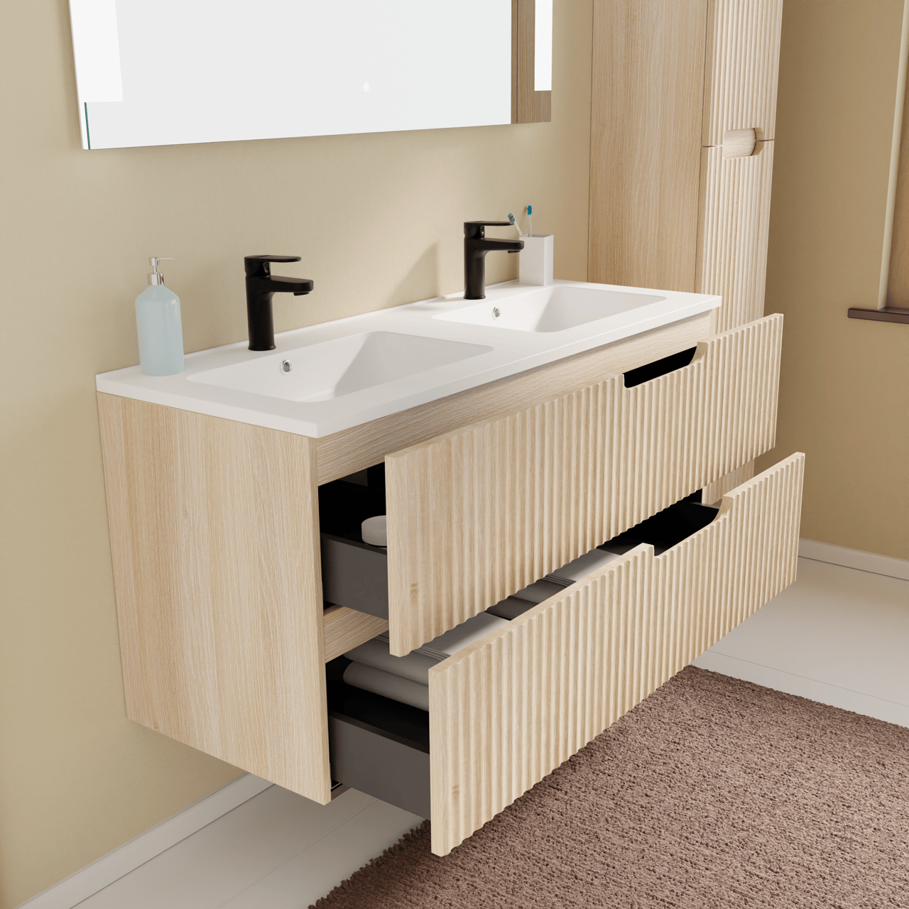 Linie Ribbo zwevend badkamermeubel 120 x 46 cm lichte eik met Vano dubbele wastafel in composietmarmer mat wit, Verticale symmetrische ronde ribbel