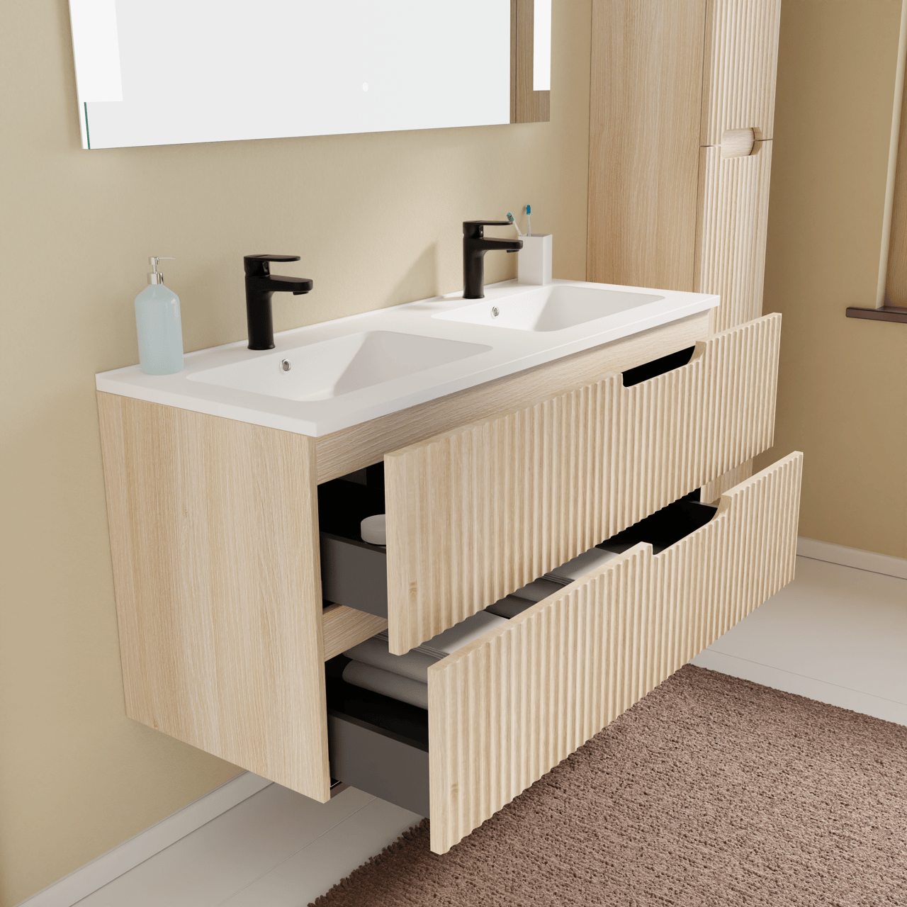 Linie Ribbo hängendes Möbelstück Set: 120 x 46 cm, Helle Eiche, mit Vano Doppelwaschtisch, Marmorkomposit, Weiß matt, Vertikale symmetrische runde Rippe