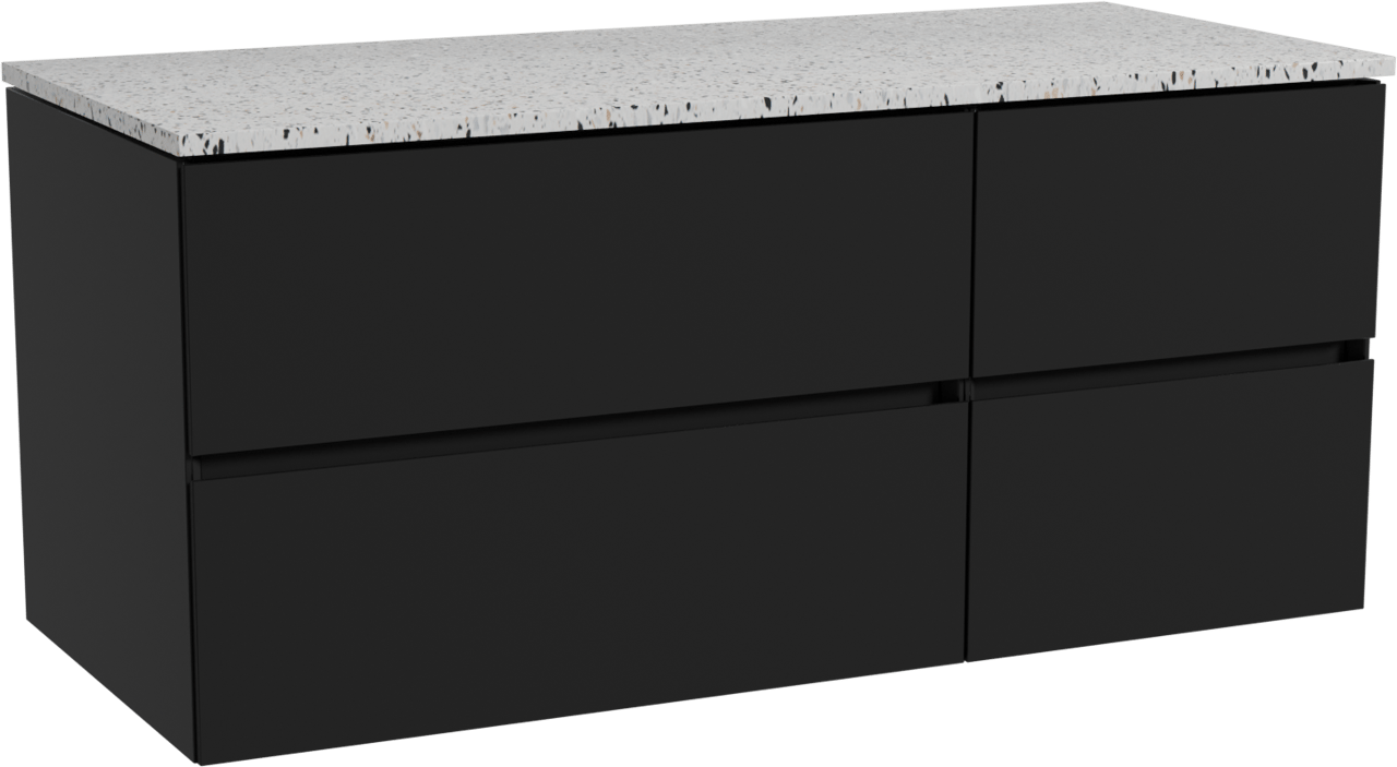 Storke Edge zwevend badmeubel 120 x 52 cm mat zwart met Tavola enkel of dubbel wastafelblad in mat wit/zwart terrazzo