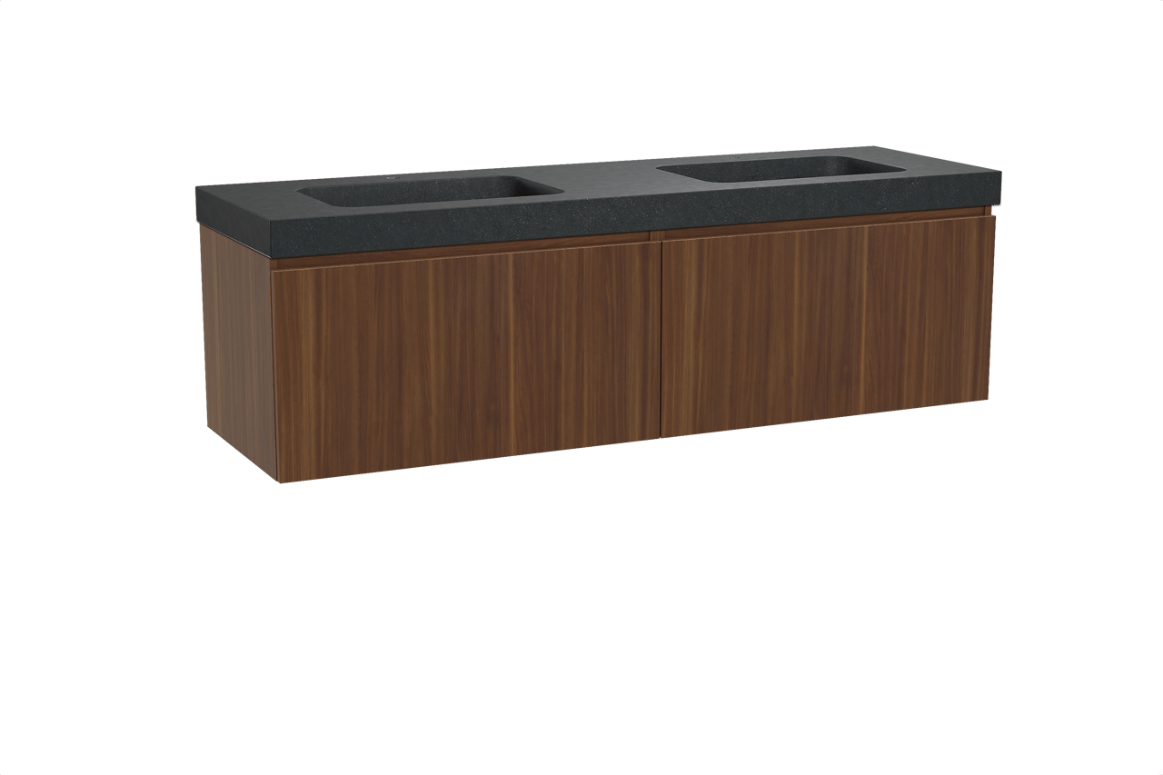 Balmani Sfera hängendes Möbelstück Set: 180 x 55 cm, Amerikanischer Nussbaum, mit Napoli Doppelwaschtisch, Schwarzes Granit