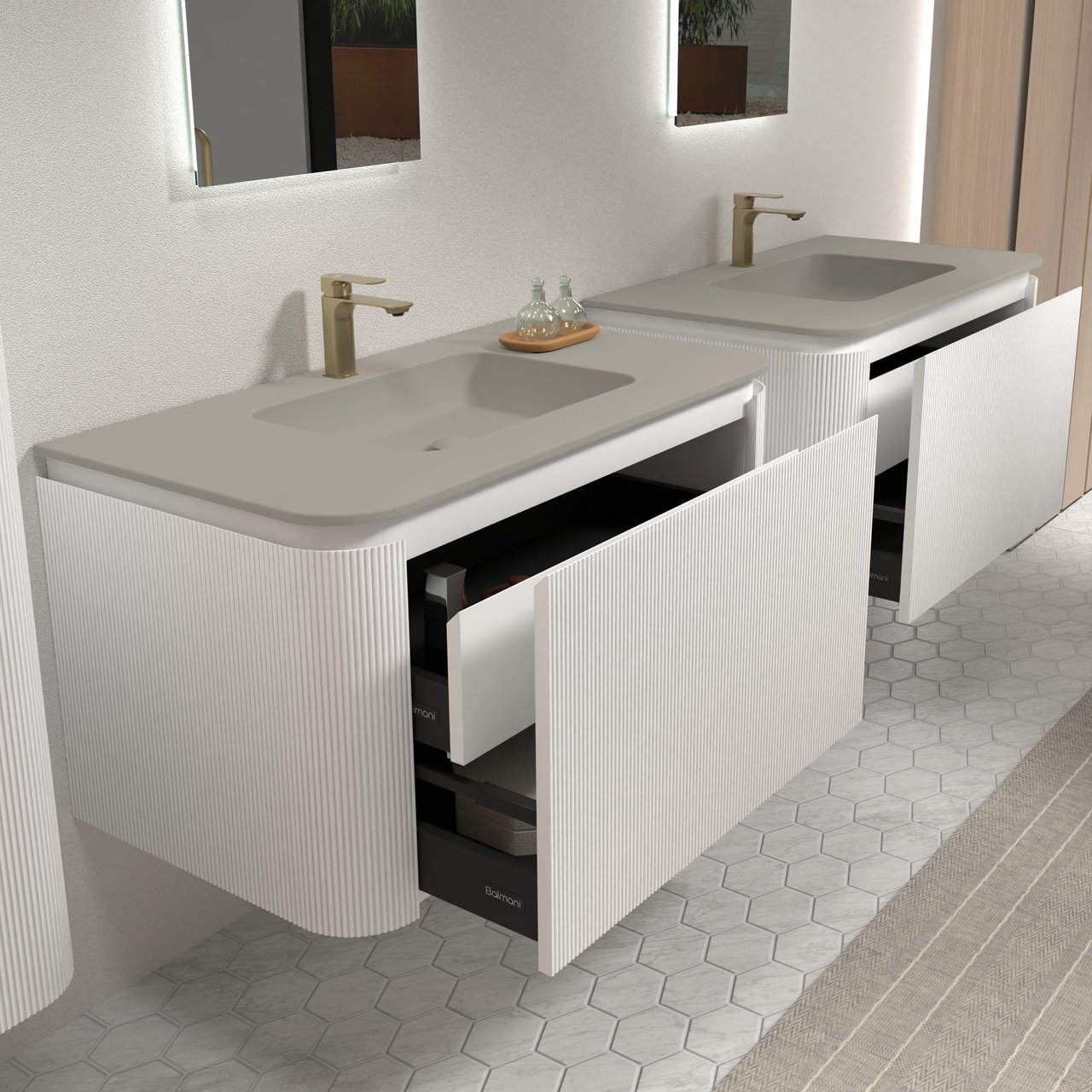 Balmani Moon zwevend badkamermeubel 100 x 55 cm mat wit met Moon enkele wastafel in top solid zijdegrijs, Verticale symmetrische rechte ribbel