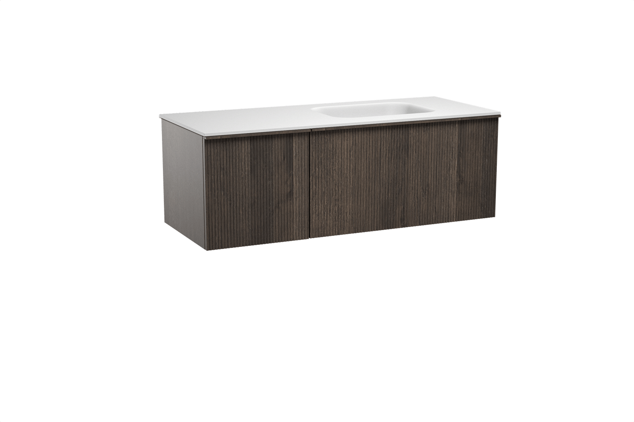 Balmani Forma zwevend badkamermeubel 135 x 55 cm gerookte eik met Tablo Arcato asymmetrisch rechtse wastafel in solid surface mat wit, Verticale symmetrische rechte ribbel