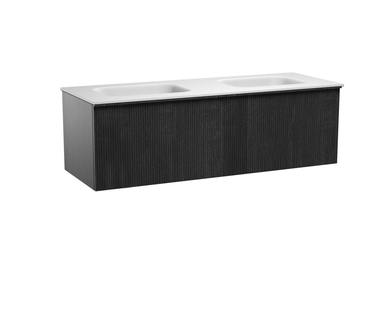 Balmani Forma meuble salle de bains suspendu 150 x 55 cm chêne noir avec Tablo Arcato double vasque en solid surface blanc mat Nervure droite symétrique verticale