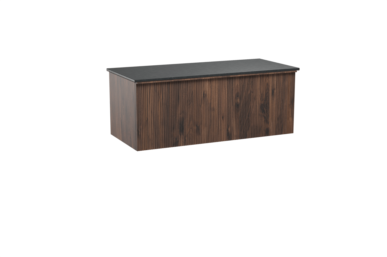 Balmani Forma hängendes Möbelstück Set: 120 x 55 cm, Amerikanischer Nussbaum, mit Stretto Einzel Waschtischplatte, Granit, Schwarzes Granit, Vertikale symmetrische gerade Rippe