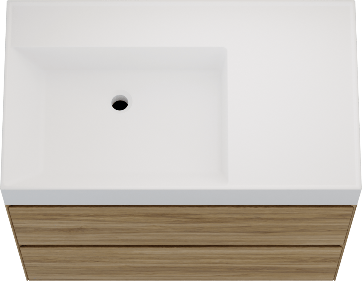 Balmani Mitra Compact hängendes Möbelstück Set: 80 x 46 cm, Wildeiche, mit Argila Waschtisch links Marmorkomposit Weiβ matt