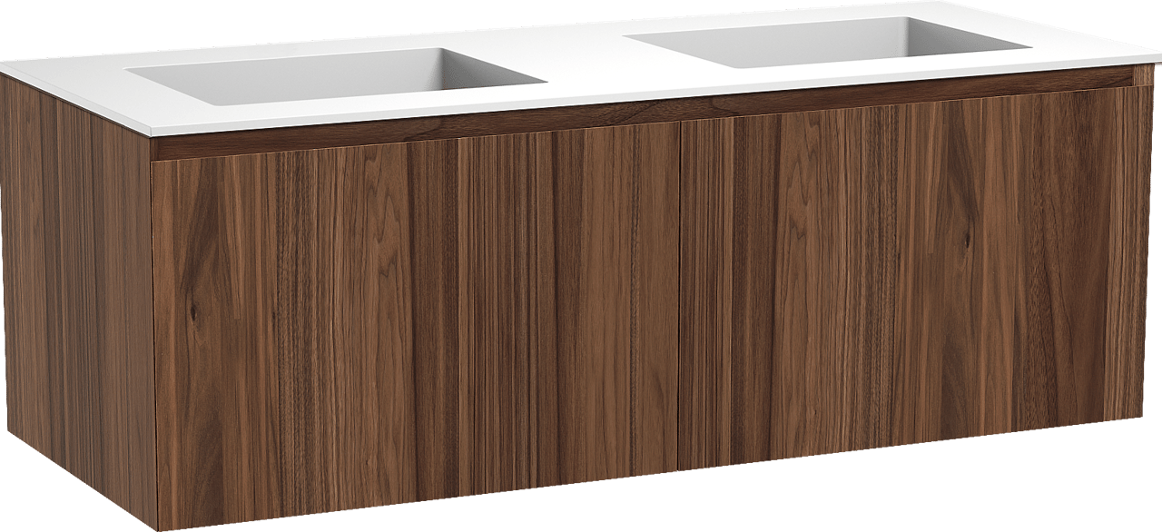 Balmani Idra zwevend badmeubel 135 x 55 cm notenhout met Tablo Stretto dubbele wastafel in solid surface mat wit