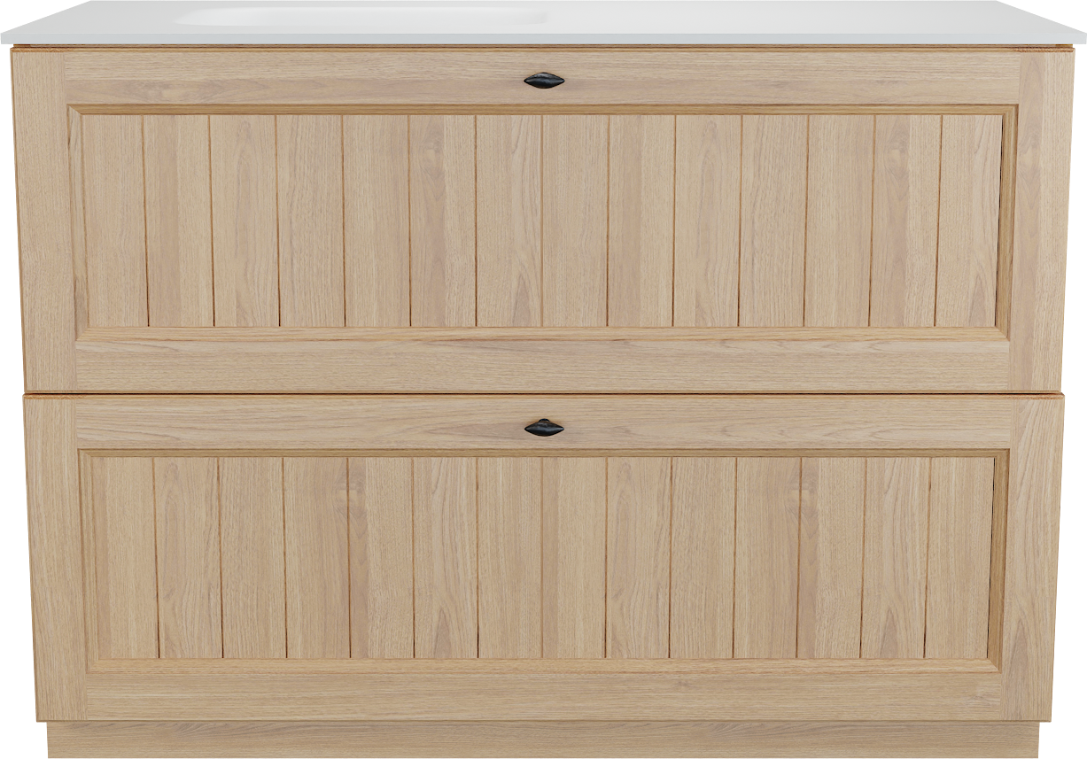 Balmani Lemon staand badkamermeubel 120 x 55 cm, fineer natuur eik met Tablo Arcato asymmetrisch linkse wastafel in mat wit