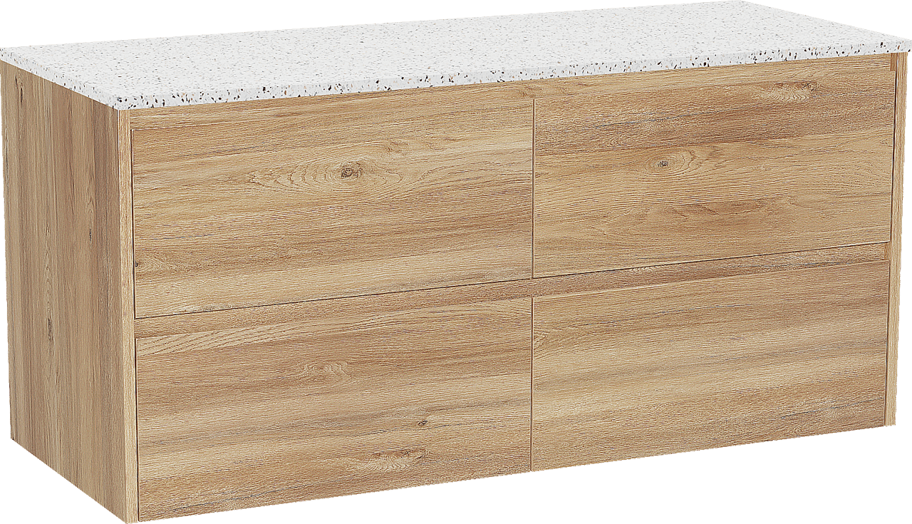 Storke Seda zwevend badmeubel 130 x 52 cm ruw eiken met Tavola enkel of dubbel wastafelblad in mat wit/zwart terrazzo