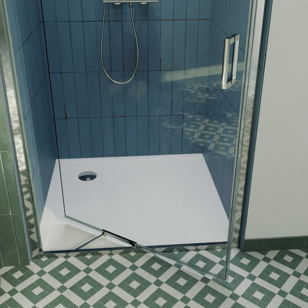 Luca Varess Vidor In Eckdusche: Drehtür und fixierte, Seitenwand, 90 x 90 cm, Klarglas, Chrom Profil, glänzend