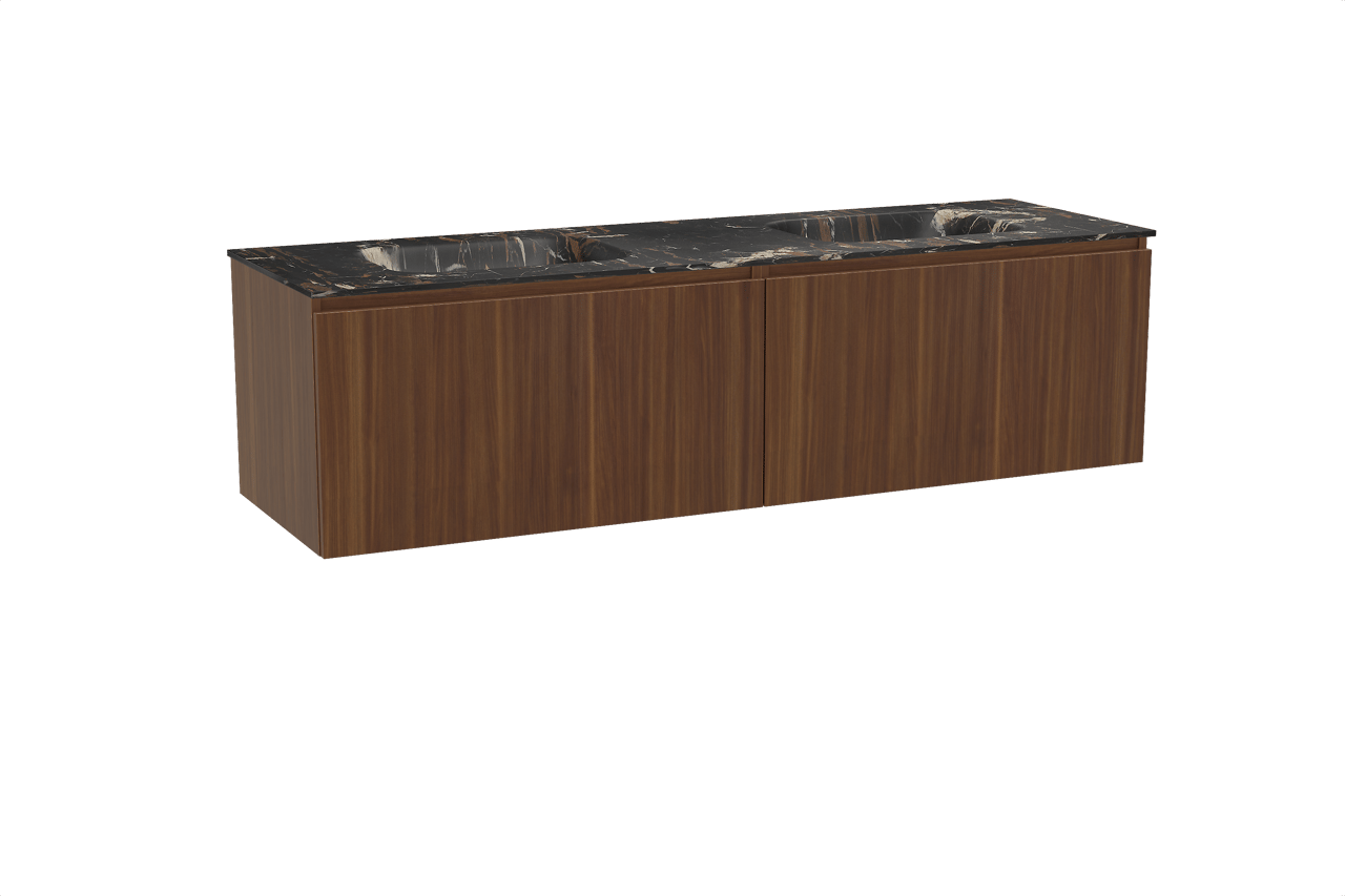 Balmani Sfera hängendes Möbelstück Set: 180 x 55 cm, Amerikanischer Nussbaum, mit Tablo Arcato Doppelwaschtisch, Marmor Portoro Gold