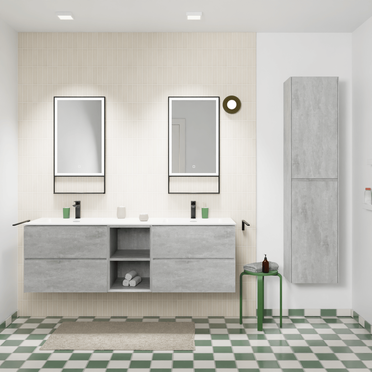 Storke Edge meuble salle de bains suspendu 165 x 52 cm béton gris foncé avec Mata double vasque en solid surface blanc mat