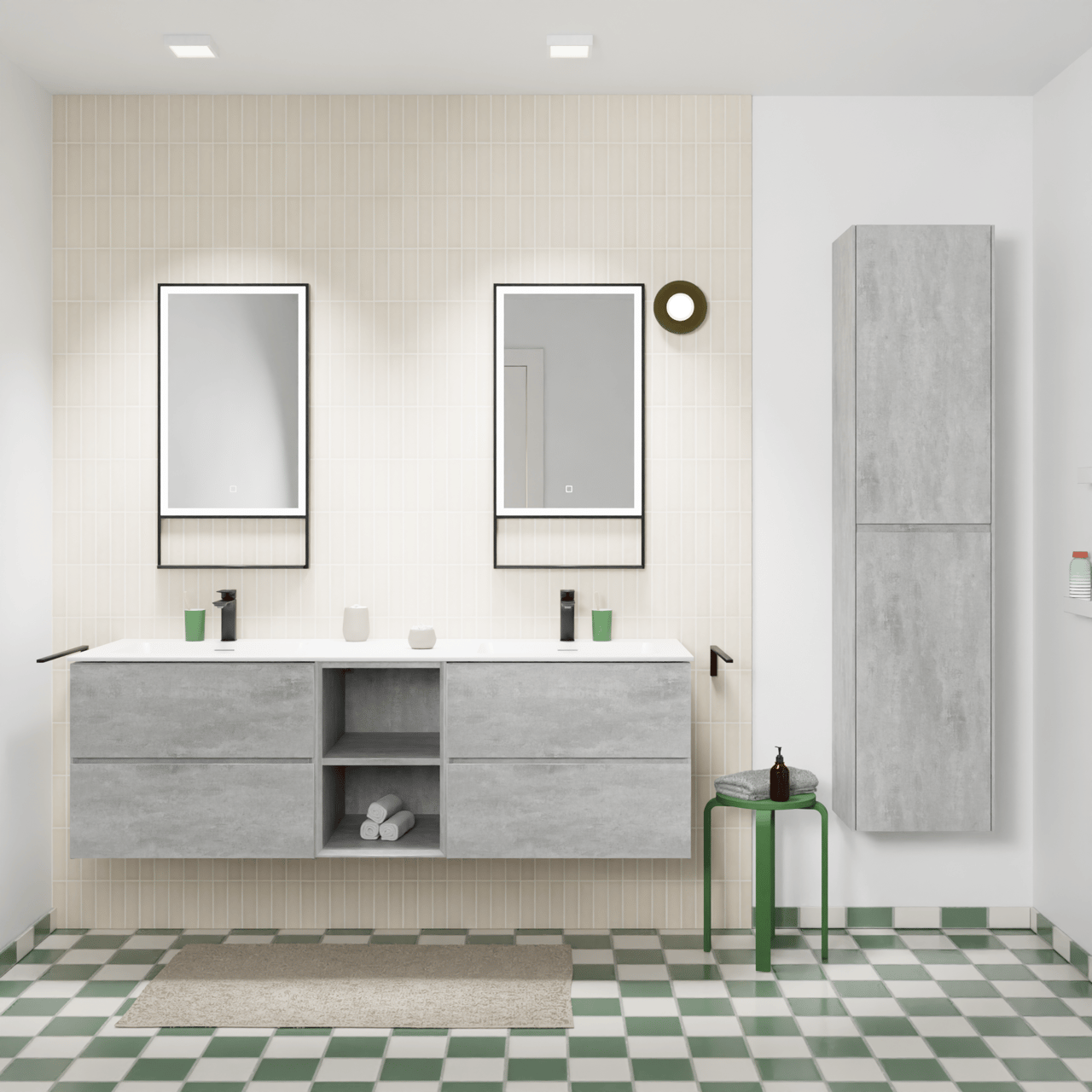 Storke Edge meuble salle de bains suspendu 165 x 52 cm béton gris foncé avec Mata double vasque en solid surface blanc mat