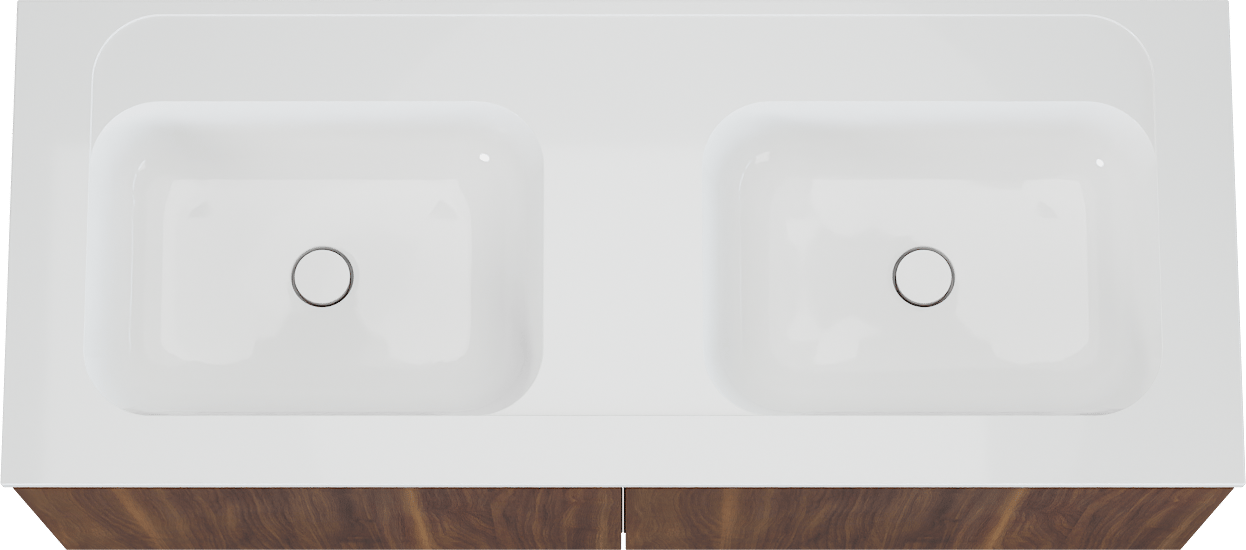 Balmani Sfera zwevend badmeubel 135 x 55 cm amerikaans notenhout met Tablo Strada dubbele wastafel in composietmarmer hoogglans wit