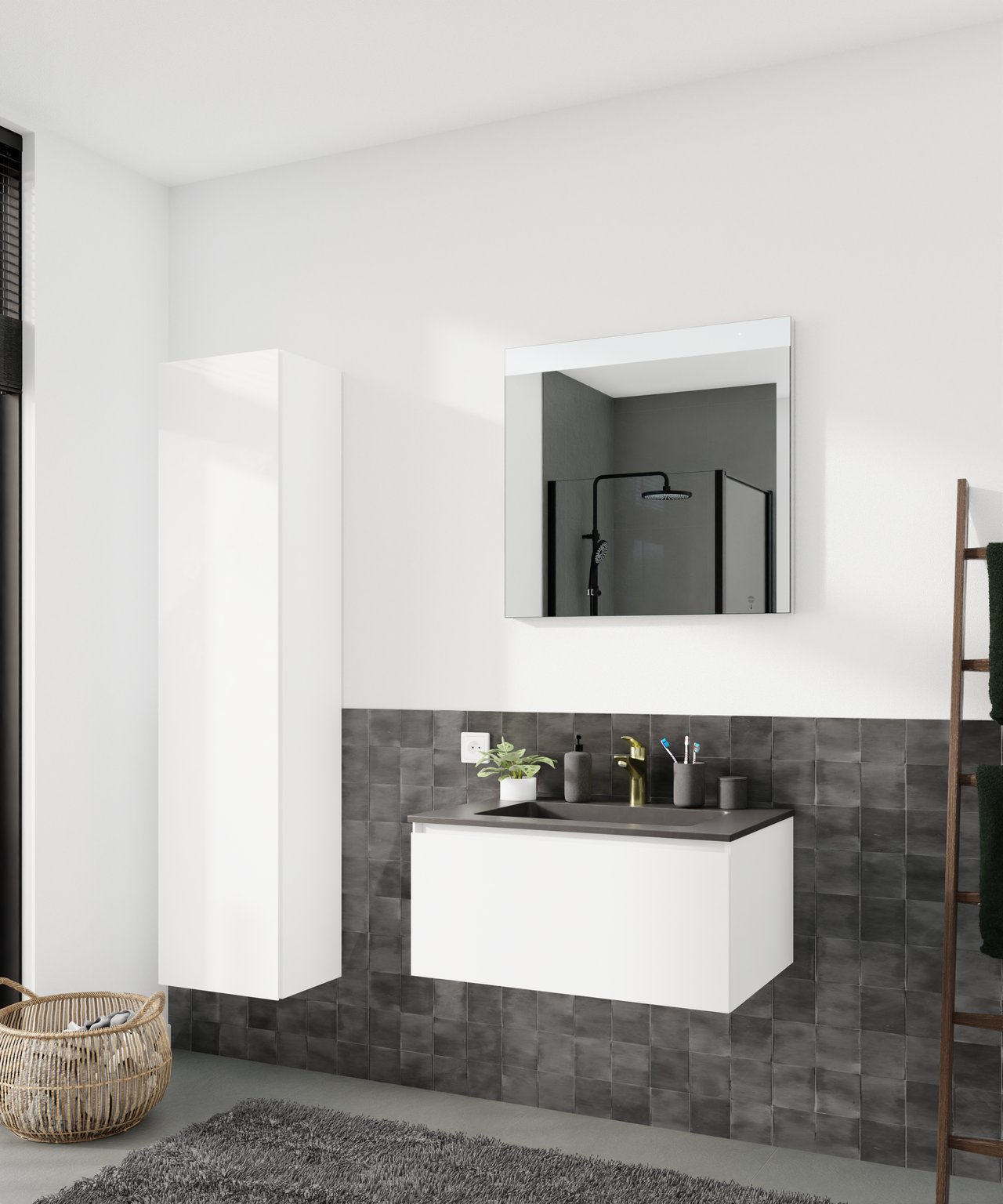 Storke Edge hängender Waschbeckenunterschrank: 75 x 52 cm, Weiß glänzend, 1 Schublade