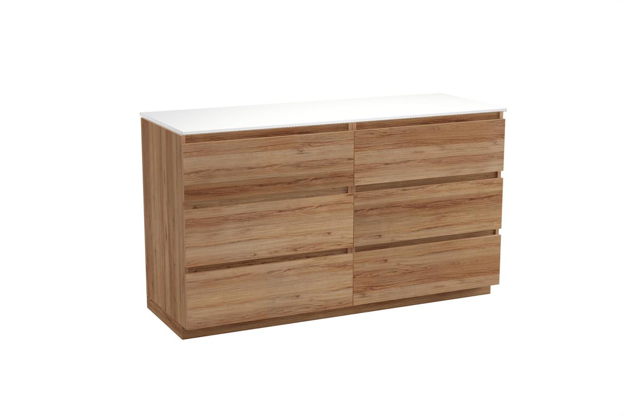 Balmani Lucida meuble salle de bains à poser 150 x 55 cm teck avec Stretto tablette simple ou double en solid surface blanc mat