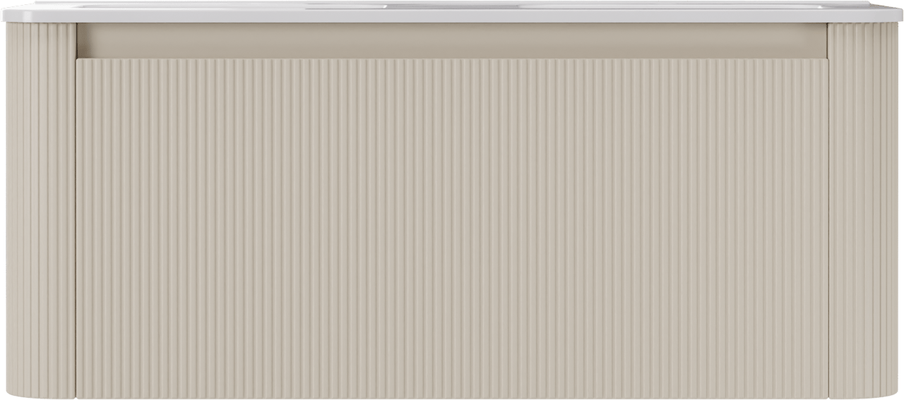 Storke Soft zwevend badmeubel 120 x 46 cm Sand mat met Kera Soft dubbele wastafel in porselein hoogglans wit, Verticale symmetrische rechte ribbel