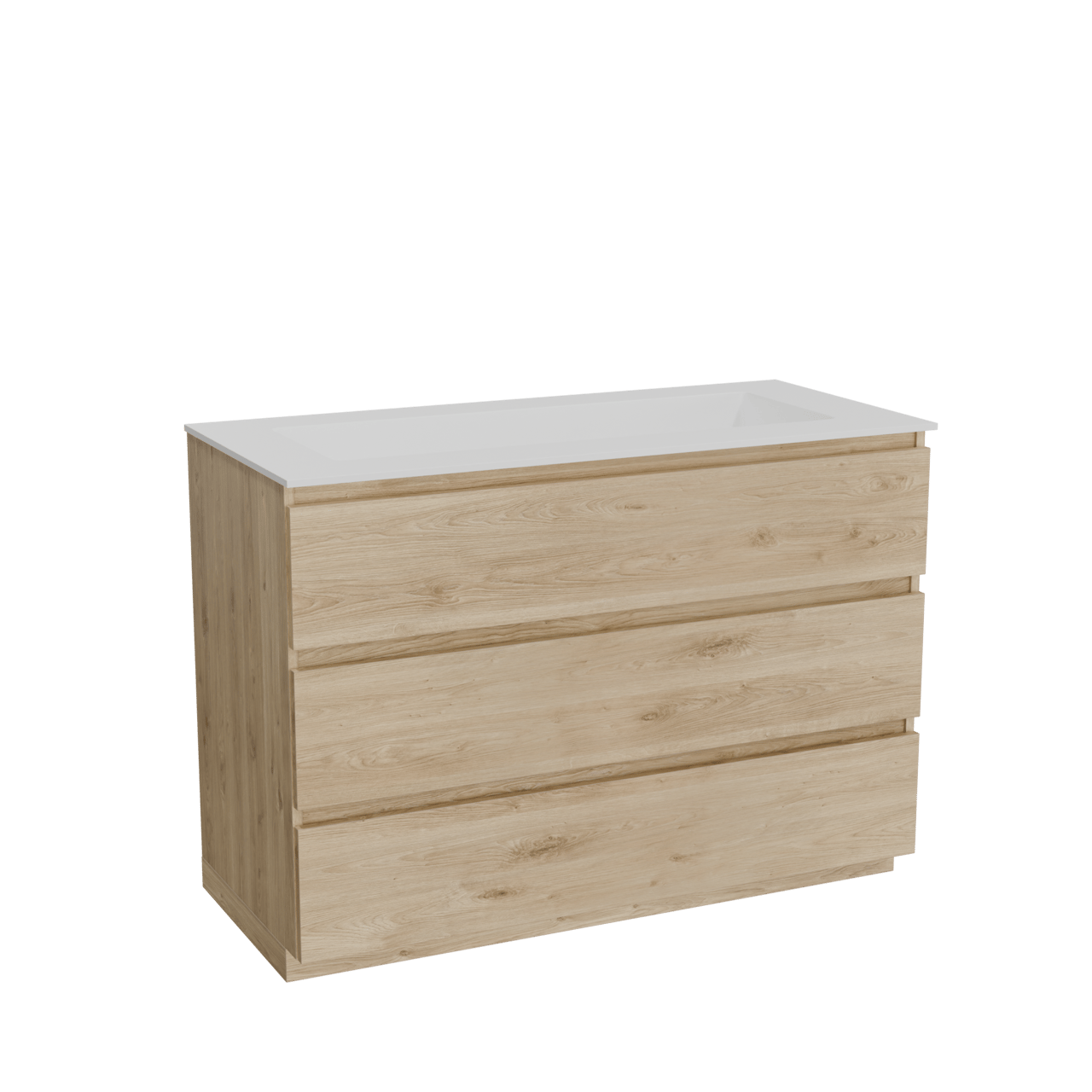 Balmani Lucida freistehendes Möbelstück Set: 120 x 55 cm, Rohe Eiche, mit Tablo Stretto Einzelwaschtisch für 2 Armaturenlöcher, Solid Surface Weiß matt