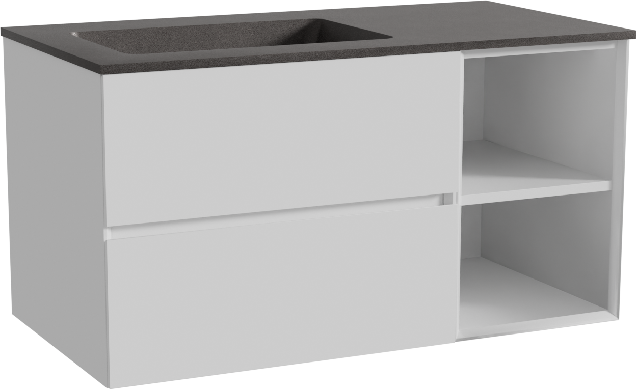 Storke Edge zwevend badmeubel 100 x 52 cm hoogglans wit met Scuro asymmetrisch linkse wastafel in kwarts mat zwart