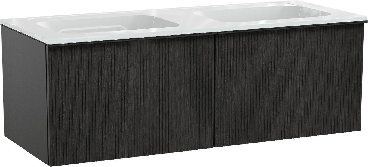 Balmani Forma zwevend badkamermeubel 135 x 55 cm zwarte eik met Tablo Strada dubbele wastafel in composietmarmer glanzend wit, Verticale symmetrische rechte ribbel