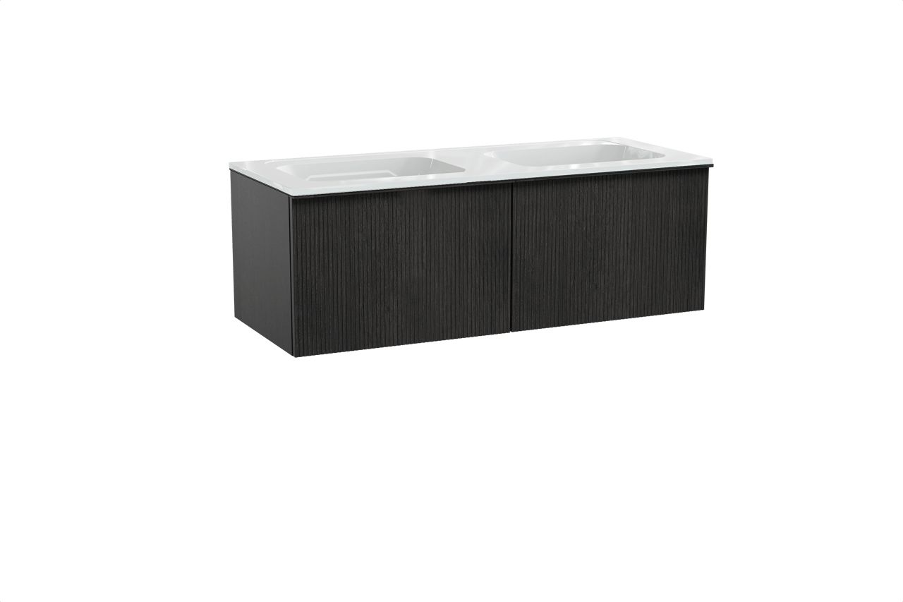 Balmani Forma hängendes Möbelstück Set: 135 x 55 cm, Schwarze Eiche, mit Tablo Strada Doppelwaschtisch, Marmorkomposit, Weiß glänzend, Vertikale symmetrische gerade Rippe