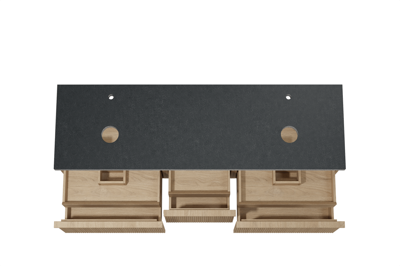Balmani Forma hängendes Möbelstück Set: 180 x 55 cm, Naturbelassene Eiche, mit Rock Doppel Waschtischplatte, Granit, Schwarzes Granit, Vertikale symmetrische gerade Rippe