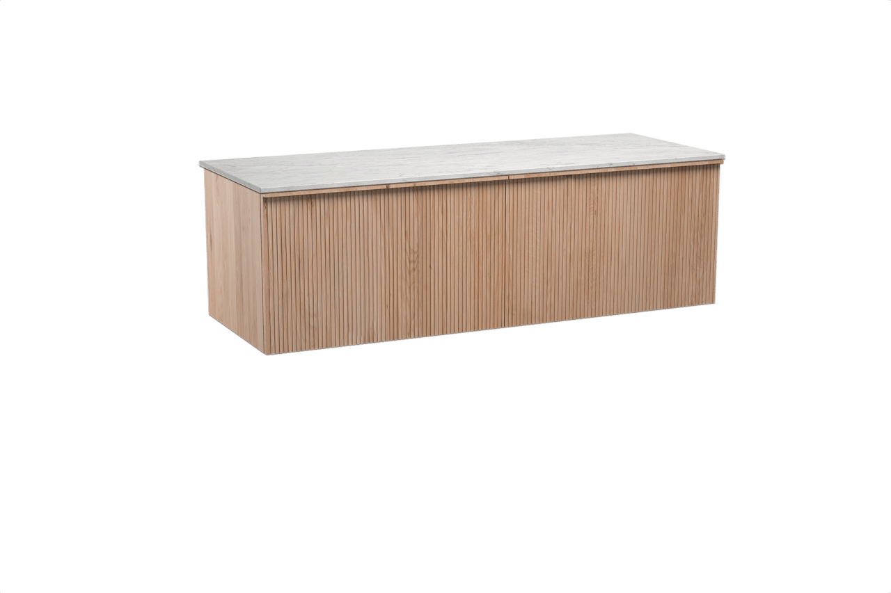 Balmani Forma zwevend badkamermeubel 150 x 55 cm natuur eik met Stretto enkel of dubbel tablet in marmer carrara, Verticale symmetrische rechte ribbel