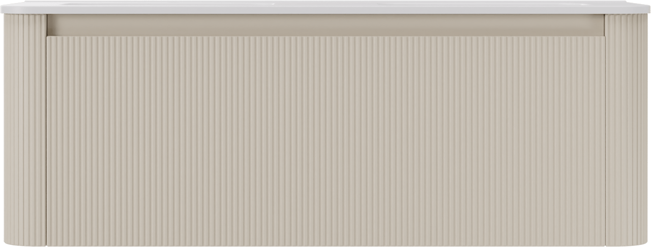 Storke Soft zwevend badmeubel 140 x 46 cm Sand mat met Kera Soft dubbele wastafel in porselein mat wit, Verticale symmetrische rechte ribbel