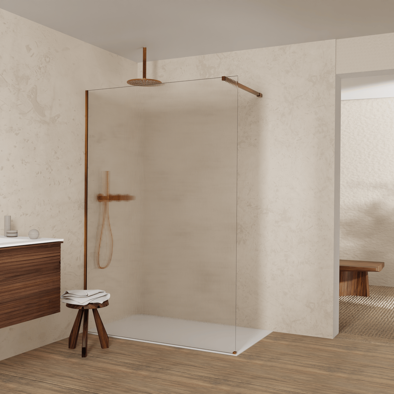 Balmani Modular inloopdouche: 140 x 200 cm, Ribs met coating, Brushed Rosegold profielen