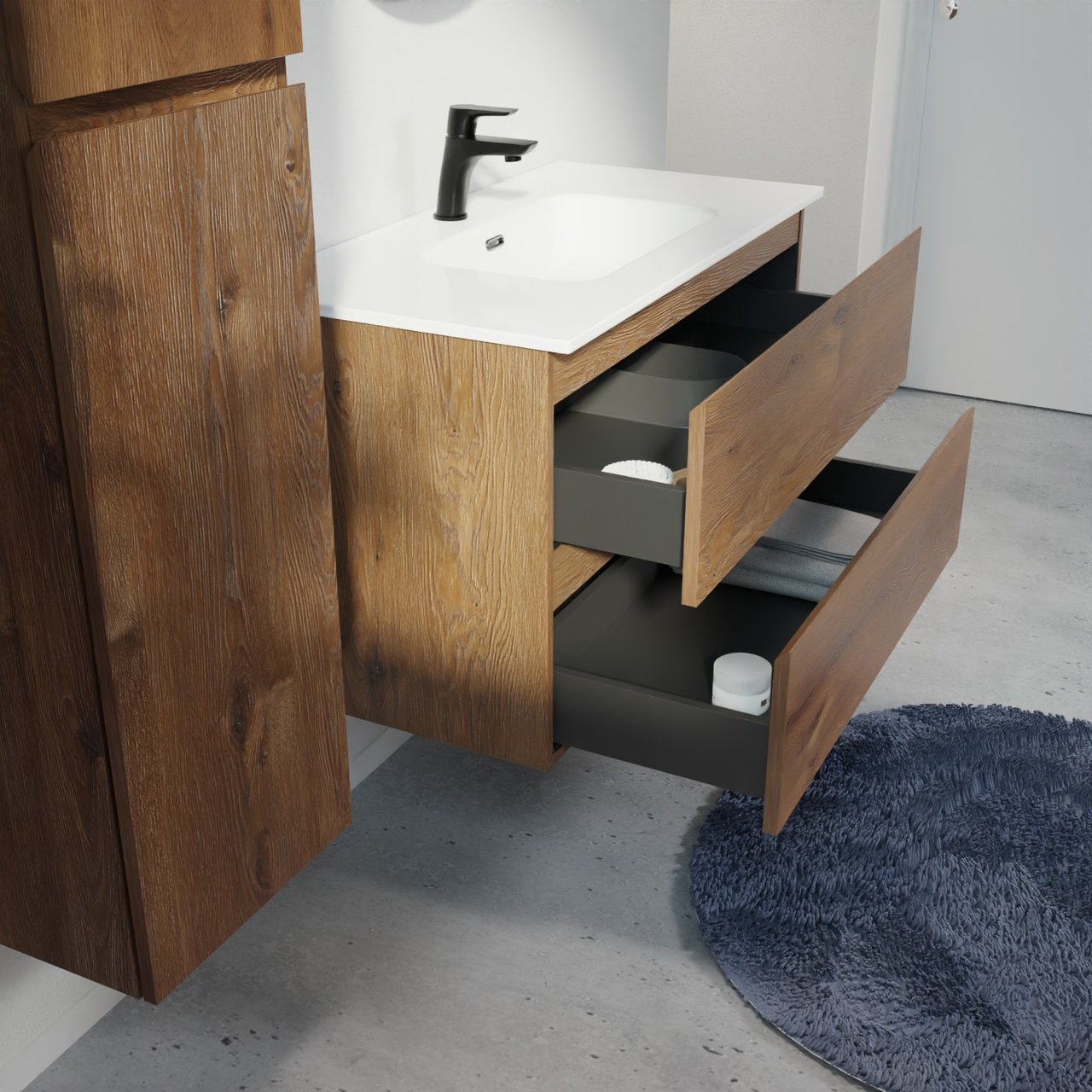 Linie Lado meuble salle de bains suspendu 90 x 46 cm chêne brun avec Baro plan simple en porcelaine blanc brillant