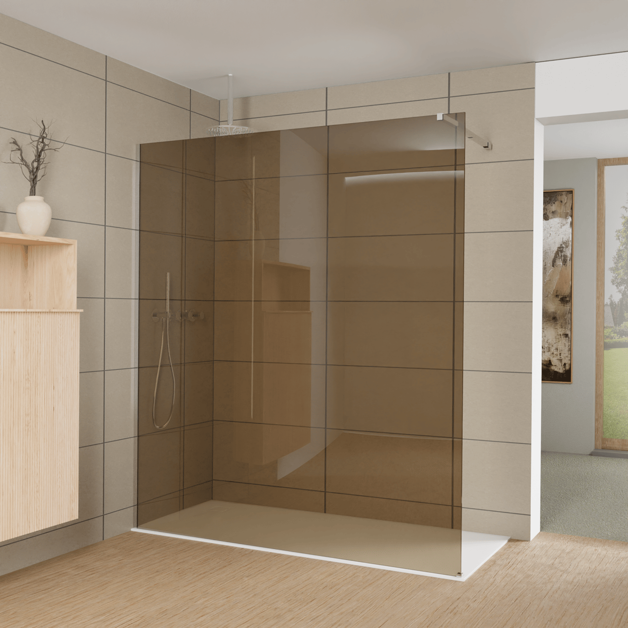 Balmani Modular Walk-In Dusche: 180 x 200 cm, Bronze Glas, inklusive Coating, Profil Chrom glänzend