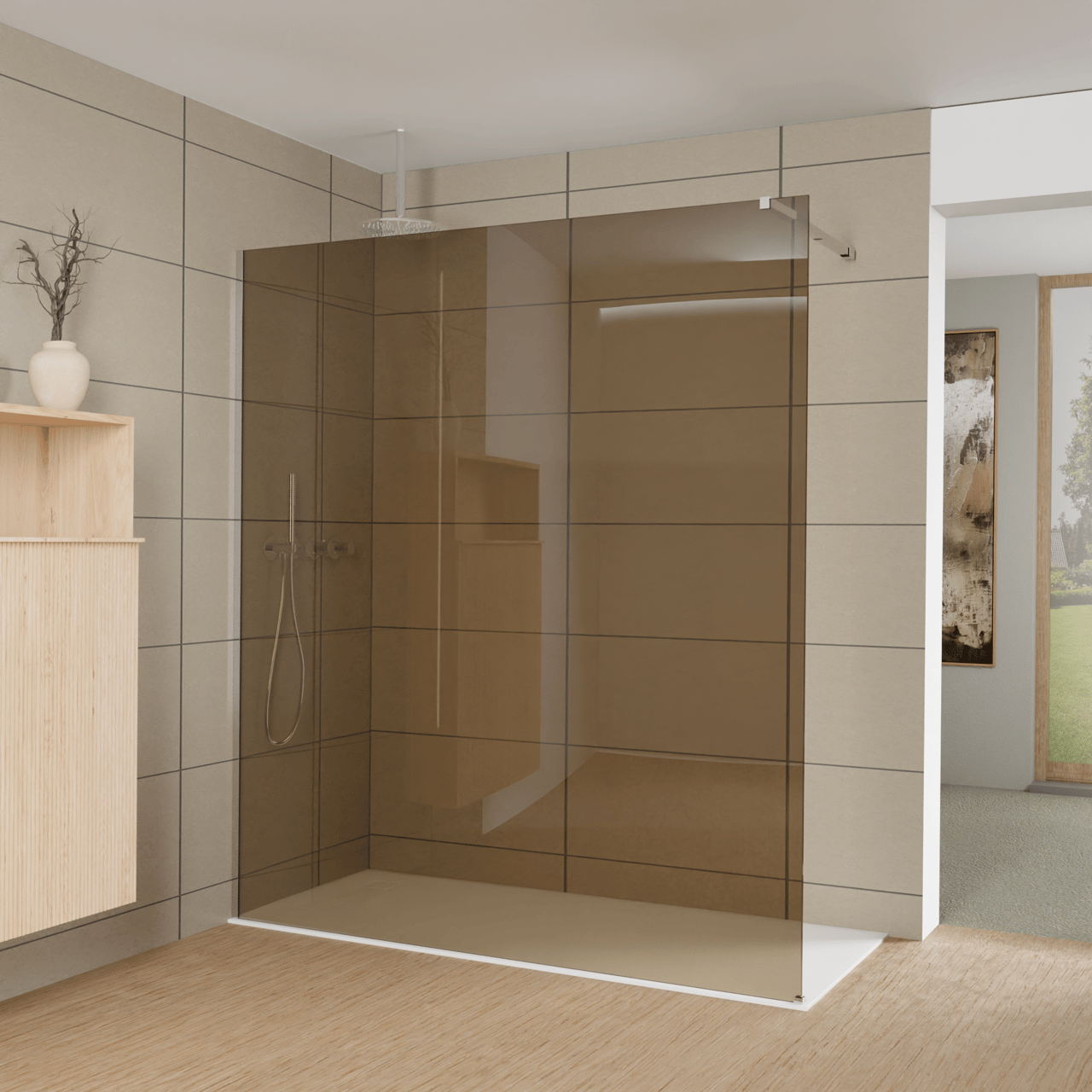 Balmani Modular inloopdouche: 180 x 200 cm, Brons glas met coating, Glanzend chroom profielen