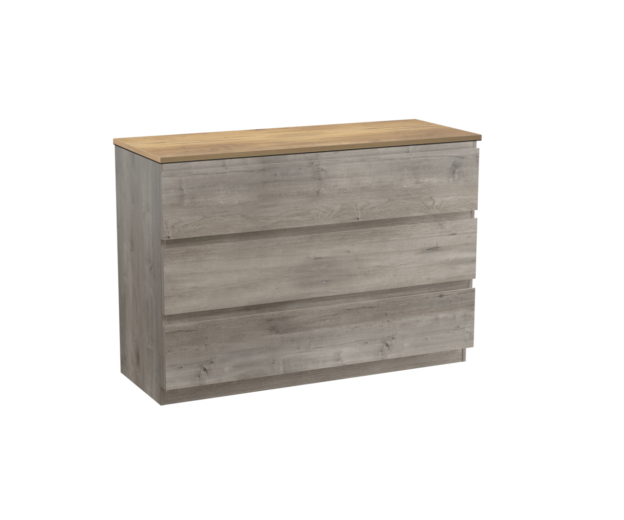 Linie Lado staand badmeubel 120 x 46 cm grijs eiken met Lado enkel of dubbel wastafelblad in melamine naturel eiken