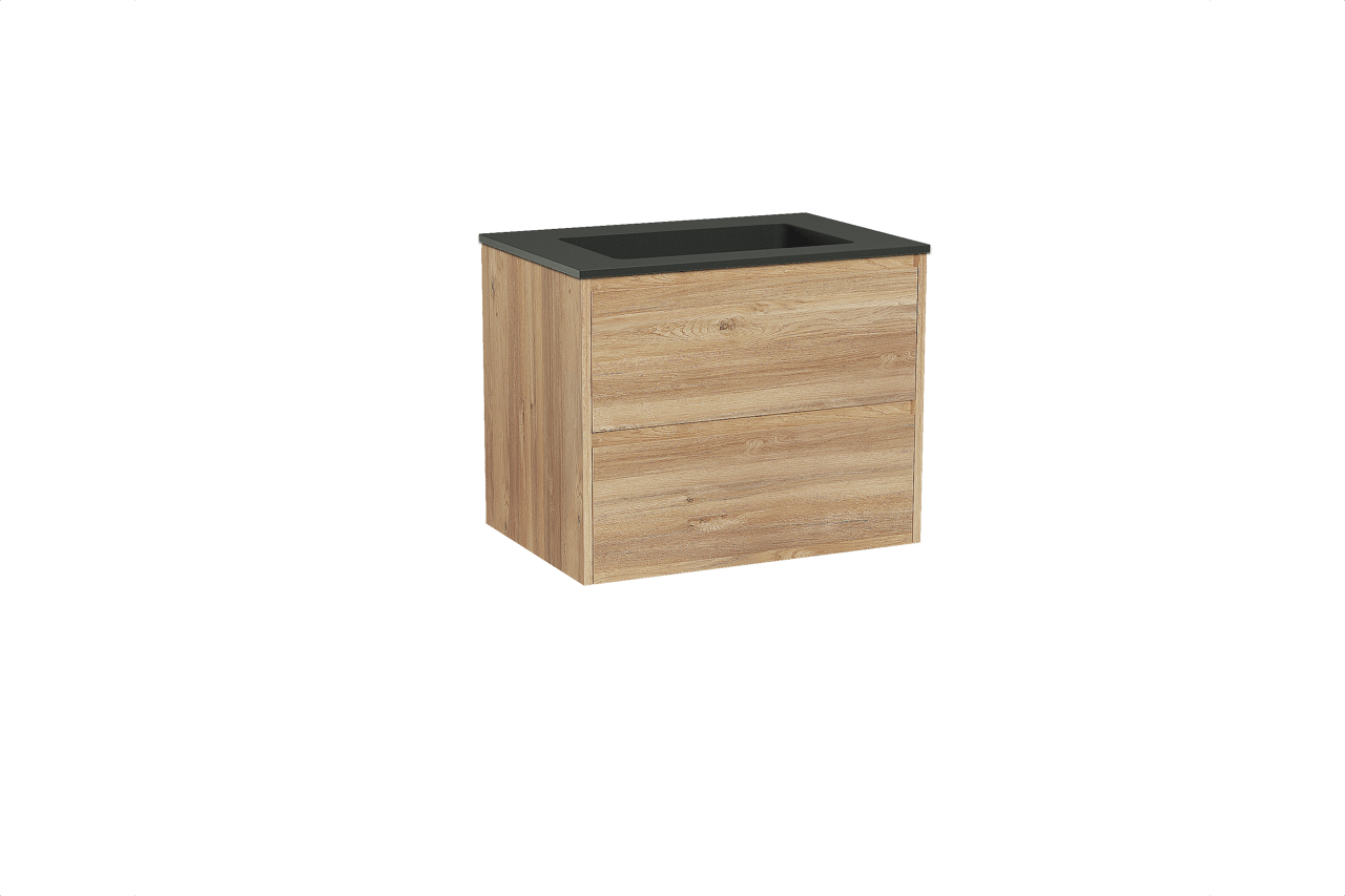 Storke Seda meuble salle de bains suspendu 75 x 52 cm chêne brut avec Scuro plan simple en quartz noir mat