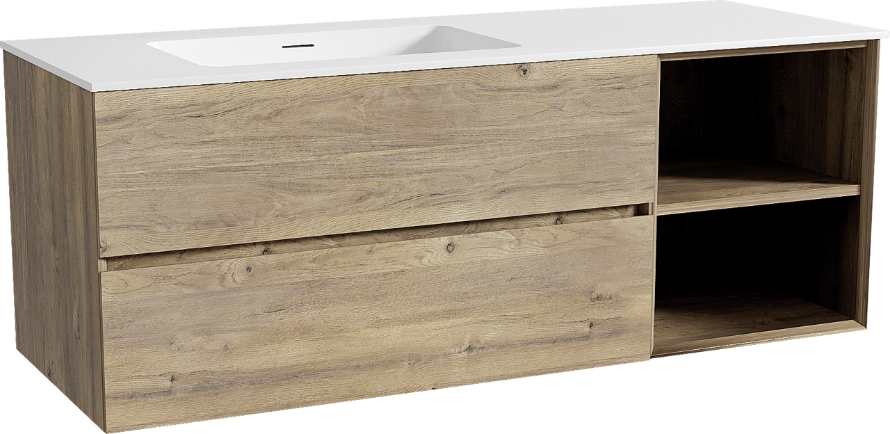 Storke Edge meuble salle de bains suspendu 140 x 52 cm chêne brut avec Mata plan vasque asymétrique à gauche en solid surface blanc mat